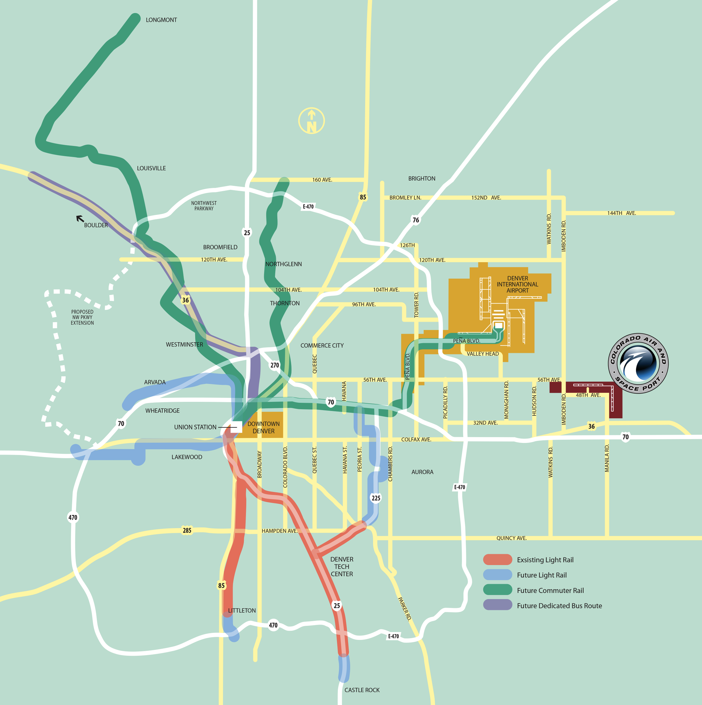 Denver transit map showing existing and future light rail, rail, and bus routes, including Denver International Airport connection.
